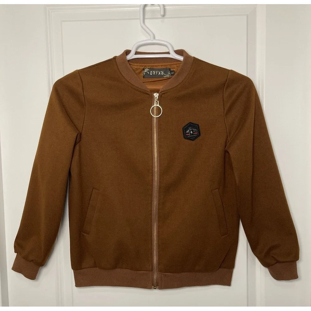 CRFXB Suede Feel Brown‎ Mens Bomber Jacket Size XL Gold Zipper And Bee Preppy